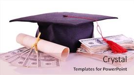  Presentation with scroll - Cool new PPT theme with graduation hat money and scroll backdrop and a coral colored foreground