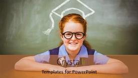  Presentation with vector - PPT theme featuring graduation hat vector against cute little girl smiling in classroom background and a coral colored foreground