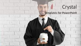  Presentation with piggy bank is evil - Slides having tax graduation - young graduate with piggy bank background and a light gray colored foreground