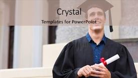  Presentation with college - Beautiful PPT layouts featuring graduation portrait - cheerful male graduate outside college backdrop and a coral colored foreground