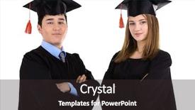  Presentation with students - Cool new theme with graduation portrait - two happy graduating students isolated backdrop and a  colored foreground
