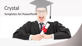  Presentation with diploma - Beautiful PPT layouts featuring graduation poster - excited college graduate holding backdrop and a white colored foreground