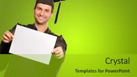  Presentation with green - Colorful theme enhanced with graduation poster - graduate man holding placard backdrop and a gold colored foreground