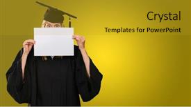  Presentation with yellow paper - Slides with graduation poster - graduate woman hiding behind background and a  colored foreground