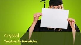  Presentation with green watercolor paper texture - Colorful PPT theme enhanced with graduation poster - graduate woman hiding behind backdrop and a  colored foreground