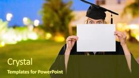  Presentation with notepad blank lined paper - PPT theme consisting of graduation poster - graduate woman hiding behind background and a tawny brown colored foreground