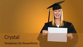  Presentation with blank - Beautiful theme featuring graduation poster - graduate woman holding a blank backdrop and a gold colored foreground