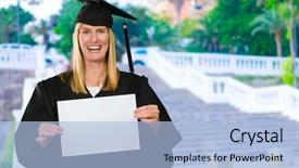  Presentation with blank - PPT theme featuring graduation poster - graduate woman holding a blank background and a  colored foreground