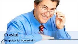  Presentation with poster - Presentation theme having graduation poster - mature smiling businessman isolated background and a light blue colored foreground