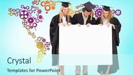  Presentation with students anime - Colorful PPT theme enhanced with graduation poster - three smiling students in graduate backdrop and a cool aqua colored foreground