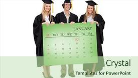  Presentation with students - Cool new presentation theme with graduation poster - three students in graduate robe backdrop and a mint green colored foreground
