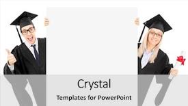  Presentation with college success - Slide set having graduation poster - two college students standing behind background and a light gray colored foreground