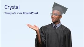  Presentation with hand palm - Presentation with graduation promotion - young graduated african american man background and a  colored foreground