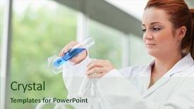  Presentation with liquid - Beautiful PPT theme featuring graduation samples - science student pouring liquid backdrop and a  colored foreground