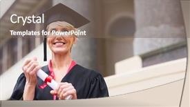  Presentation with university building - Slide deck having graduation woman portrait - beautiful senior graduate holding certificate background and a violet colored foreground