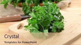  Presentation with wooden board for oktoberfest - Presentation theme having graft - fresh parsley on wooden cutting background and a lemonade colored foreground