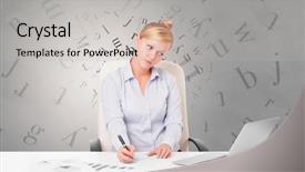  Presentation with letters - Audience pleasing PPT theme consisting of grammar books - business person sitting at desk backdrop and a light gray colored foreground