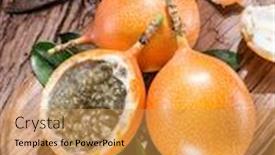  Presentation with fruits - Theme with granadilla-fruits-on-the-wooden background and a yellow colored foreground