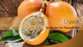  Presentation with wooden board empty table top - Cool new theme with granadilla-fruits-on-the-wooden backdrop and a gold colored foreground