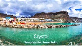  Presentation with holidays - Colorful theme enhanced with grand canary holidays - beautiful puerto de mogan popular tourist attraction in canary islands backdrop and a ocean colored foreground