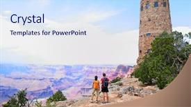  Presentation with grand canyon - Presentation theme having grand canyon people hiking hiker background and a sky blue colored foreground