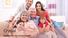  Presentation with family infographic - Slide deck with grand father - happy family sitting on sofa background and a coral colored foreground