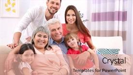  Presentation with room - Presentation theme enhanced with grand father - happy family sitting on sofa background and a coral colored foreground