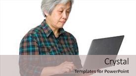  Presentation with laptop - Presentation theme featuring grand ma - asian mature woman use background and a light gray colored foreground