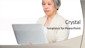  Presentation with computer - PPT theme with grand ma - old woman use of laptop background and a sky blue colored foreground