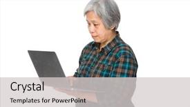  Presentation with old desktop computer - Audience pleasing PPT theme consisting of grand ma - old woman use of notebook backdrop and a  colored foreground