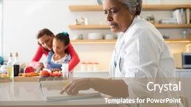  Presentation with recipe book - Theme enhanced with grand mother - senior woman looking at recipe background and a coral colored foreground