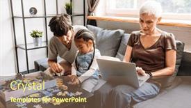  Presentation with working mother - PPT theme with grand-mother-collecting-puzzles background and a violet colored foreground