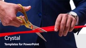  Presentation with ribbon cutting grand opening - Presentation design consisting of grand opening - businessman cutting red ribbon isolated background and a navy blue colored foreground