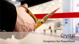  Presentation with ribbon cutting grand opening - PPT layouts having grand opening - businessman cutting red ribbon background and a lemonade colored foreground