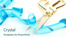  Presentation with satin - Audience pleasing presentation theme consisting of grand opening - satin ribbon curled around scissors backdrop and a cool aqua colored foreground