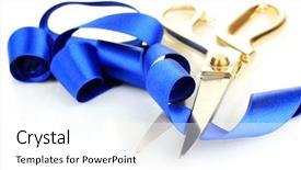  Presentation with satin - Audience pleasing PPT theme consisting of grand opening - satin ribbon curled around scissors backdrop and a white colored foreground