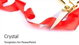  Presentation with satin - PPT layouts consisting of grand opening - satin ribbon curled around scissors background and a white colored foreground