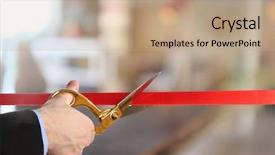  Presentation with ribbon cutting - Audience pleasing slide set consisting of grand opening cutting red ribbon backdrop and a coral colored foreground