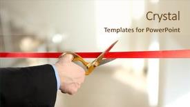  Presentation with ribbon cutting grand opening - Beautiful PPT theme featuring grand opening cutting red ribbon backdrop and a cream colored foreground