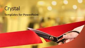  Presentation with ribbon cutting grand opening - Theme enhanced with grand opening cutting red ribbon background and a yellow colored foreground