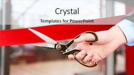  Presentation with ribbon cutting grand opening - Colorful theme enhanced with grand opening cutting red ribbon backdrop and a cool aqua colored foreground