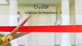  Presentation with ribbon cutting grand opening - PPT theme consisting of grand opening cutting red ribbon background and a  colored foreground