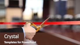  Presentation with ribbon cutting grand opening - Audience pleasing theme consisting of grand opening cutting red ribbon backdrop and a tawny brown colored foreground