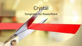  Presentation with ribbon cutting - Amazing PPT theme having grand opening cutting red ribbon backdrop and a blonde colored foreground