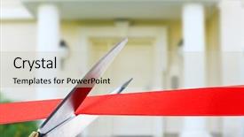  Presentation with cutting ceremony - Colorful PPT theme enhanced with grand opening cutting red ribbon backdrop and a soft green colored foreground
