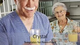  Presentation with orange juice - Presentation theme having grand parents drinking and pouring background and a light blue colored foreground