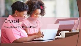  Presentation with helping - Colorful presentation design enhanced with granddaughter helping grandmother with laptop backdrop and a coral colored foreground