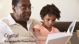  Presentation with grandfather - Theme with spectacles - grandfather and granddaughter reading book background and a coral colored foreground