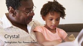  Presentation with grandfather - Beautiful theme featuring grandchild - grandfather and granddaughter reading book backdrop and a coral colored foreground