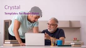  Presentation with grandfather - PPT theme having grandfather-and-grandson-at-home background and a sky blue colored foreground